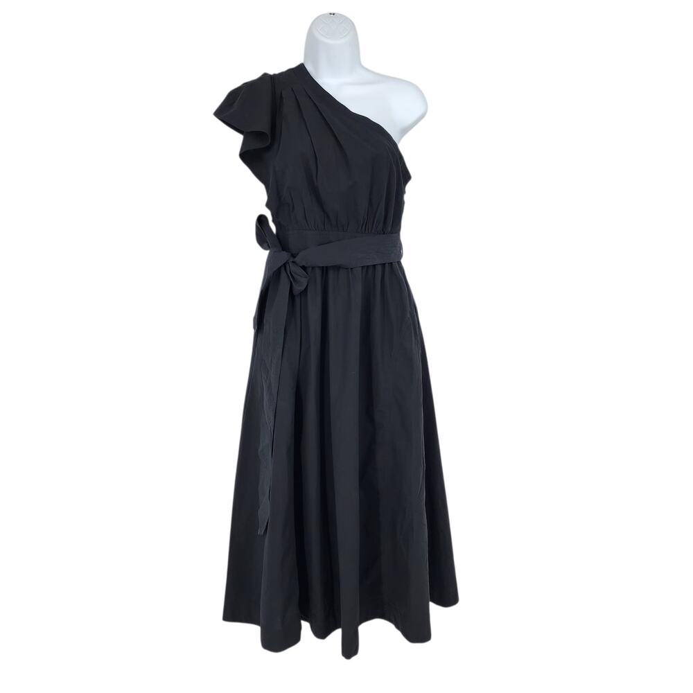 NWT Madewell Black 100% Cotton Ruffled One Shoulder Tie Belt Midi Dress Size 4